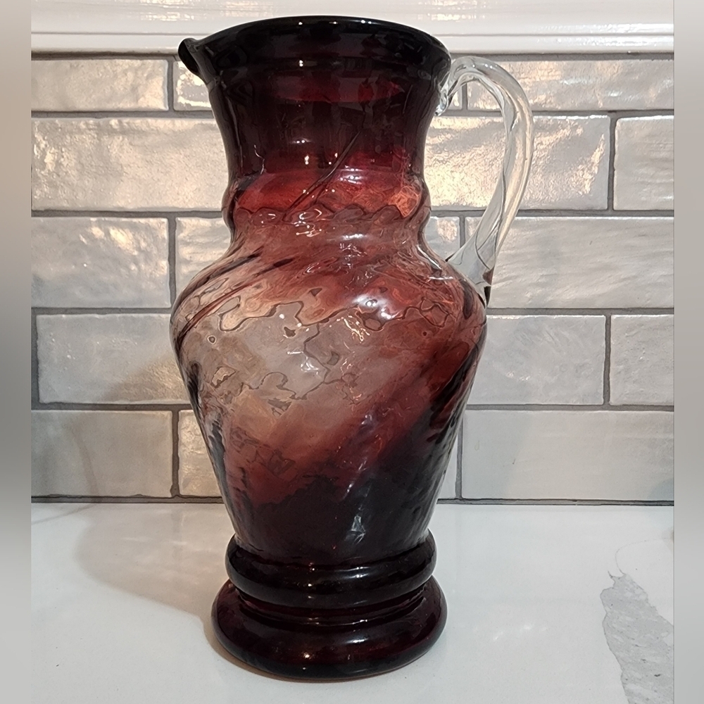 Vintage Romania Pitcher, Blown Glass Swirl Cranberry, Excellent Condition